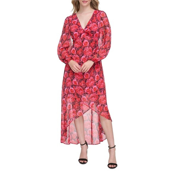 Guess Women's Floral-Print Faux-Wrap Dress Midi Dress, Dark Pink , Size 8 - Picture 1 of 7